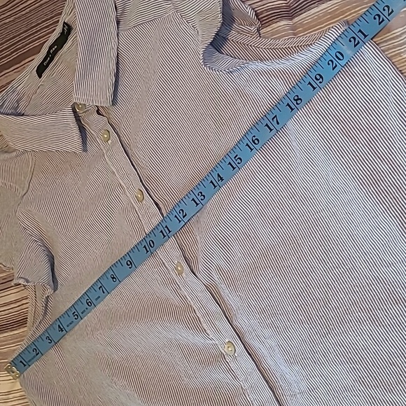 Doe & Rae Cotton Blue White Fine Striped Ruffle Sleeves Button-up Blouse Top L - Picture 10 of 11